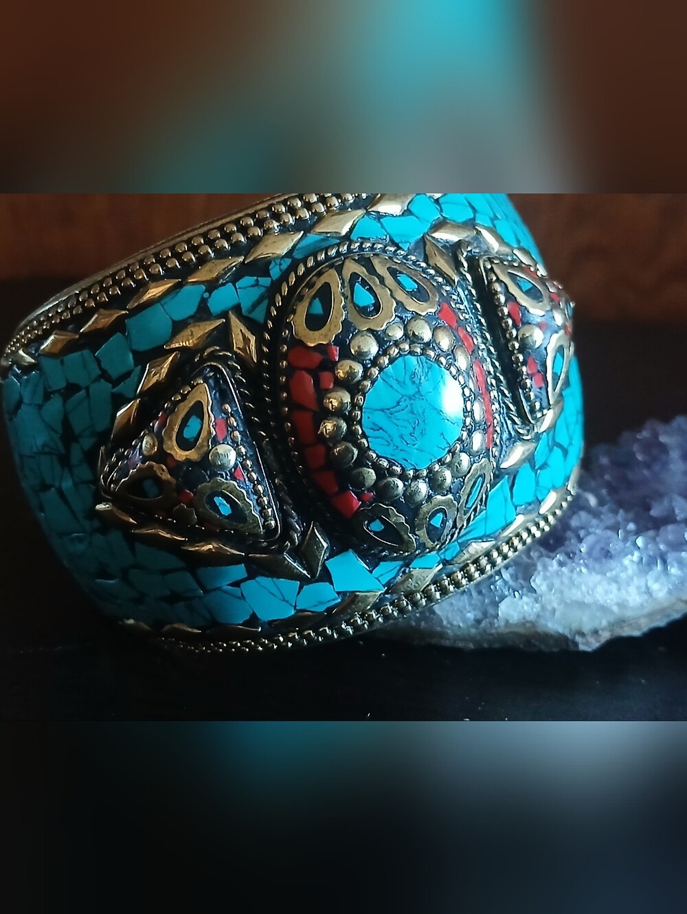 vintage TIBETAN brass cuff bracelet w/ turquoise & coral chips